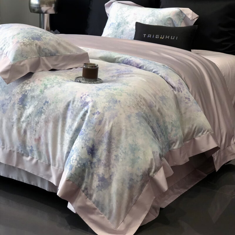 ROLAND LIVE新疆长绒棉印花四件套轻奢风家用1.8米床全棉被套亲肤透气床品 TGH 长绒棉四件套-沁园花语紫色 1.8米床 床单款 【被套200*230cm】