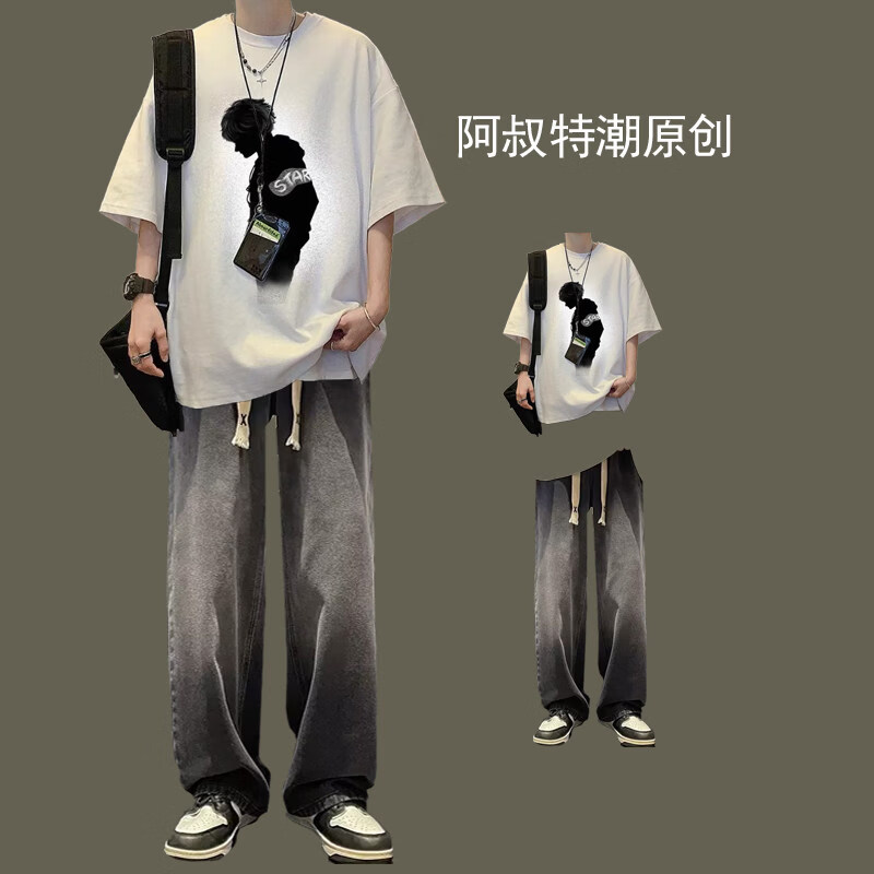 森马（Semir）短袖t恤男夏季休闲套装男装痞帅风青少年一套酷帅穿搭潮流两件套 【两件套】人影白短袖+渐变黑灰裤牛仔 S