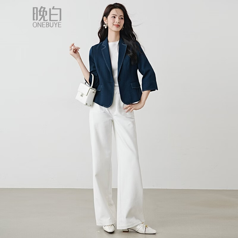 晚白【新品】2026春撞色平驳领棉麻感西装精简通勤小个子显高短外套女 深蓝色 S