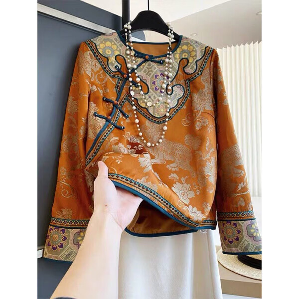 MODX专柜捡漏新中式国风上衣橙色圆领长袖宽松唐装禅意2026早春新款 橙色 S