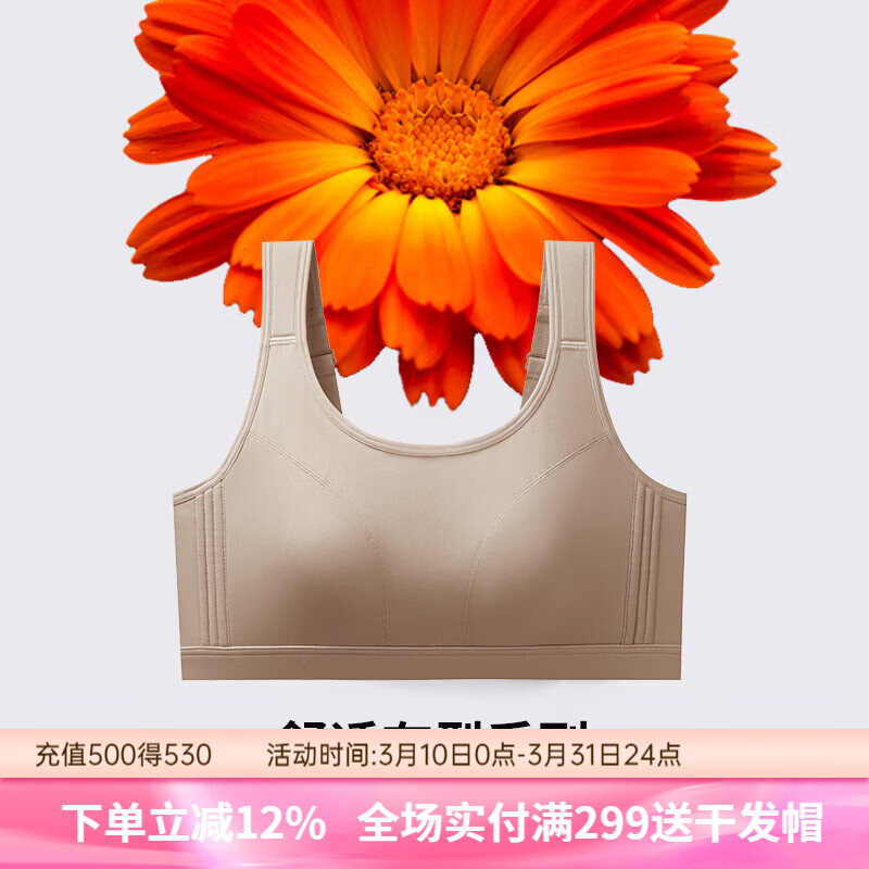 润微运动内衣女欧若风普拉提防震薄款无痕大胸显小收副防下垂文胸 奶咖 M （适合75BC）