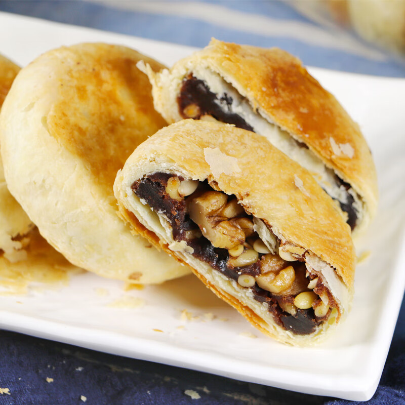 维霆长泾核桃松子饼豆沙月饼酥饼5个罐装手工制作糕点中秋节零食 核桃