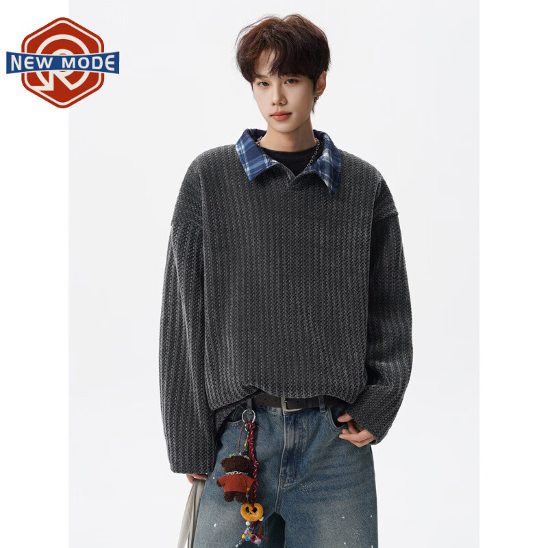 NEW OR MODE美式鱼骨纹拼接polo领卫衣男春季新款潮牌宽松复古学院风休闲上衣 深灰【高品质】 M 【建议90-110斤】