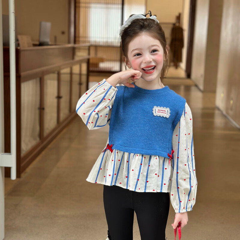 栀了成长记女童装可爱撞色条纹衬衫2026春季儿童百搭时髦圆领上衣 蓝色 衬衫 100 cm