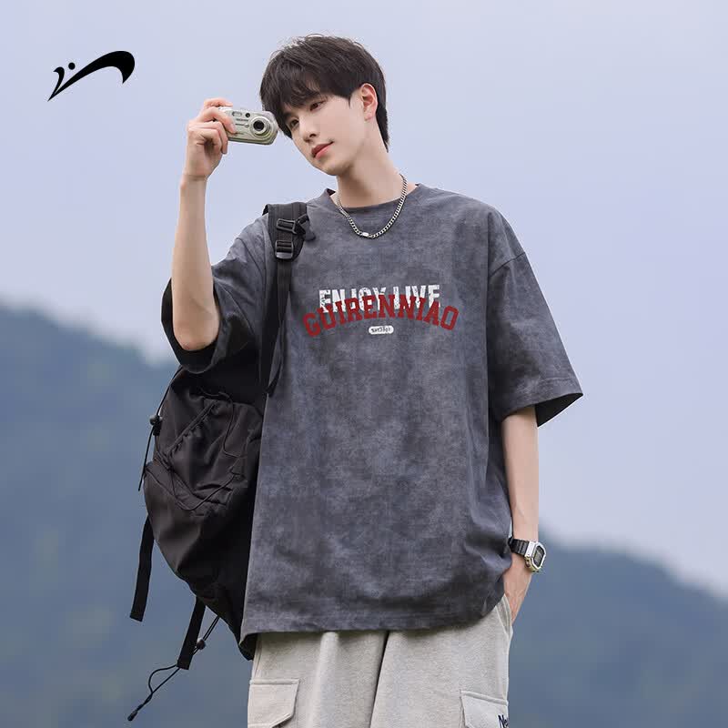 贵人鸟扎染纯棉短袖T恤男复古做旧休闲圆领宽松休闲透气上衣 碳灰 L