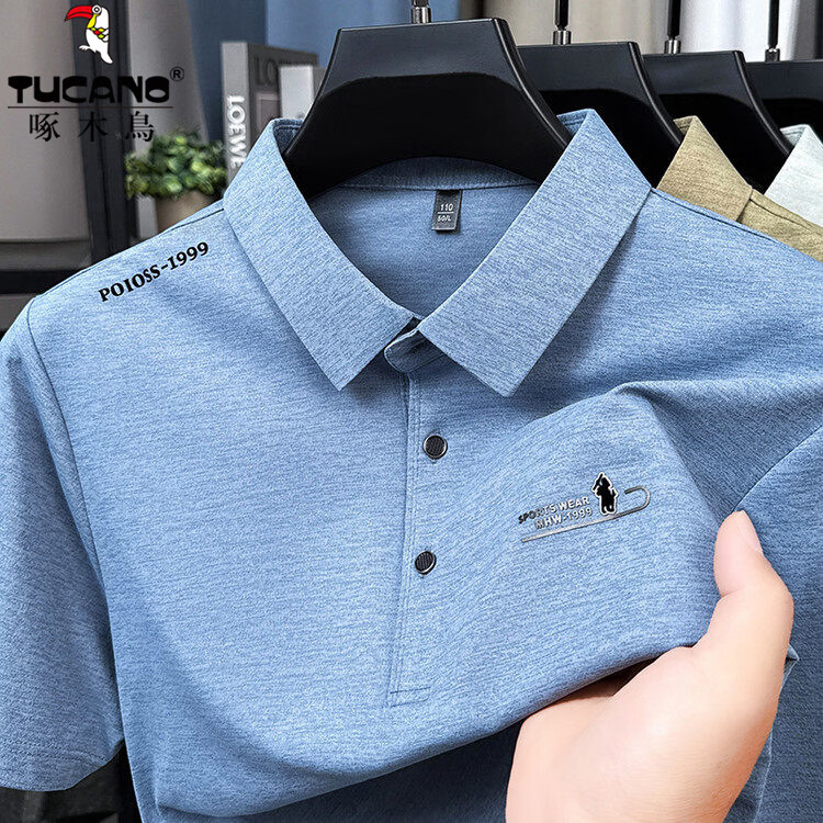 啄木鸟（TUCANO）酷丝棉短袖t恤男2026夏季新款上衣翻领男士半袖polo衫中年爸爸装 水雾蓝 2XL (180) 推荐150-165斤