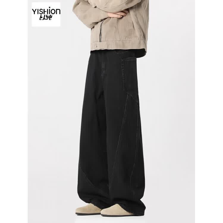 以纯（YISHion）（YIHion）美式水洗弯刀工装牛仔裤男秋季潮牌拼接宽松阔腿裤高街 旗舰官方旗舰官方NZ50黑色. 2XL