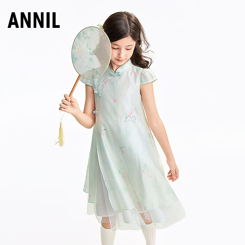 安奈儿（Annil）【网纱拼接天丝裙】童装女童夏款新中式盘扣旗袍领写意国风连衣裙 绿调花 130