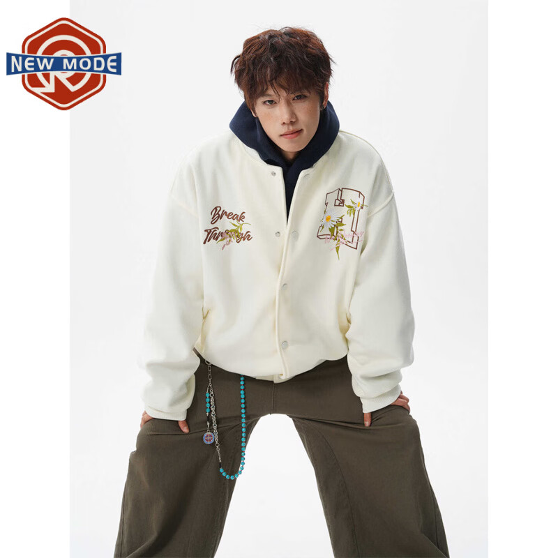 NEW OR MODE美式字母刺绣呢子棒球服外套男女潮牌学院风百搭休闲飞行夹克上衣 米白色【高品质】 XL 【建议125-145斤】
