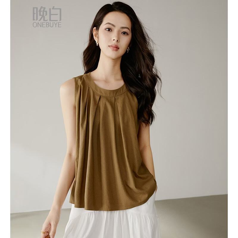 晚白【新品】2026年春款时尚纯色圆领棉麻上衣亲肤宽松无袖衬衫女 咖色 S