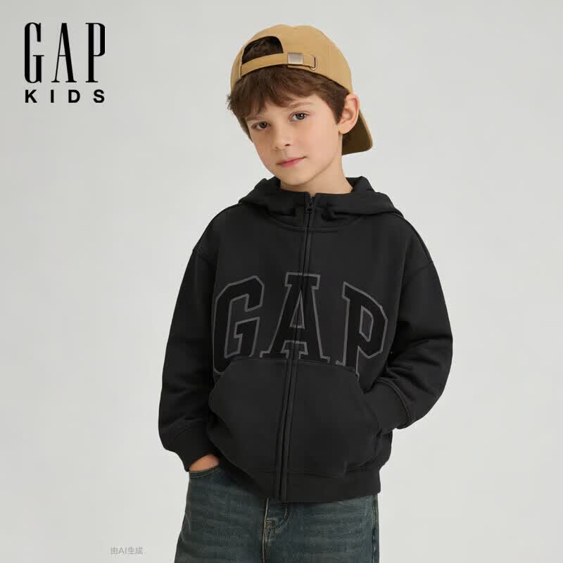 盖璞（GAP）男童2026春季新款印花logo宽松拉链连帽卫衣儿童装外套860923