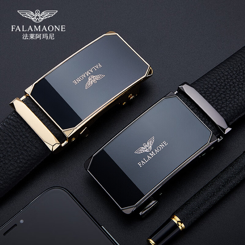 FALAMAONE法莱阿玛尼皮带男真皮自动扣腰带头层牛皮内扣裤带生日礼物送男友 【专柜礼盒】PD809Q枪色 110cm -140加长均码（可修剪）