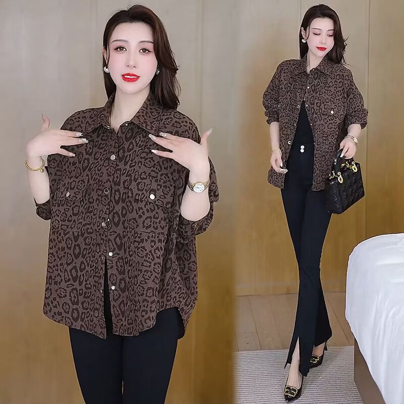 【轻奢品质】衬衫女2026春秋季新款韩版宽松显瘦上衣小个子外套 深咖色 豹纹款 2XL 建议130-145斤
