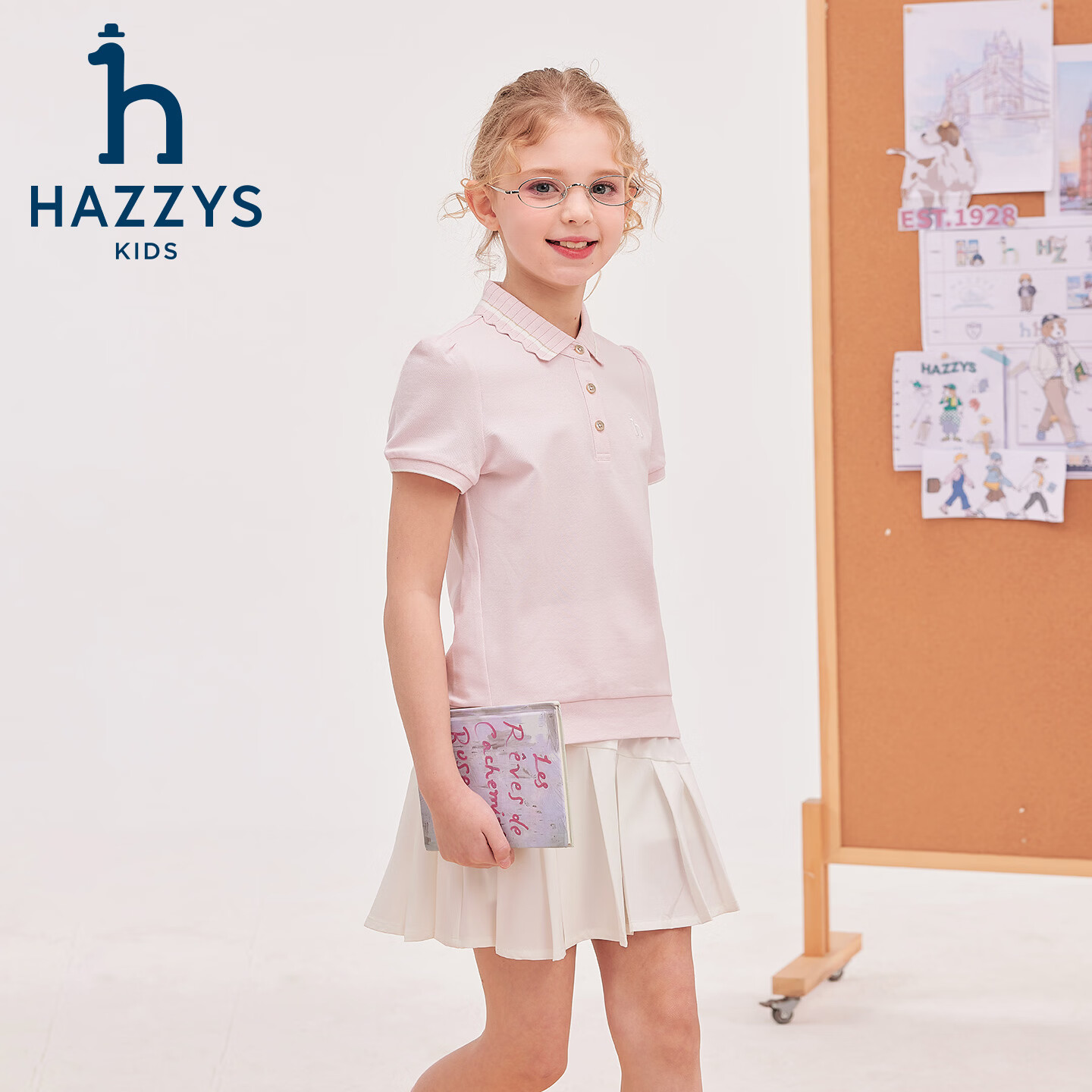 哈吉斯(HAZZYS)童装女童套装2026夏季新款大童甜美速干短袖polo衫学院风百褶短裙 米白色 145