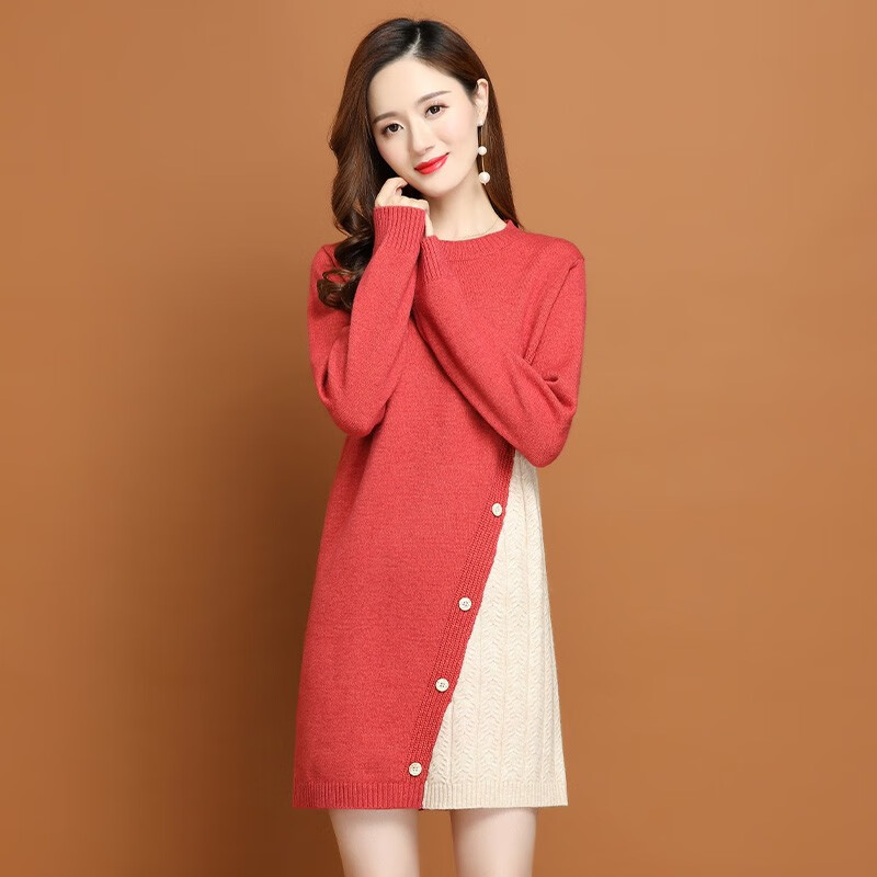 记述针织衫女中长款百搭圆领毛衣秋冬新款打底衫加厚针织上衣潮 西瓜