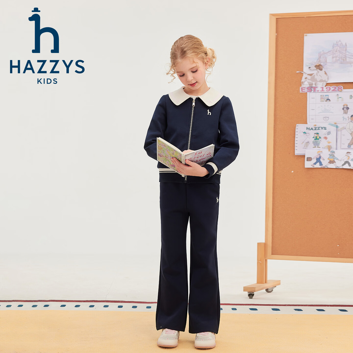 哈吉斯（HAZZYS）品牌女童套装2026春季新款莱卡舒适长袖两件套 藏蓝 130