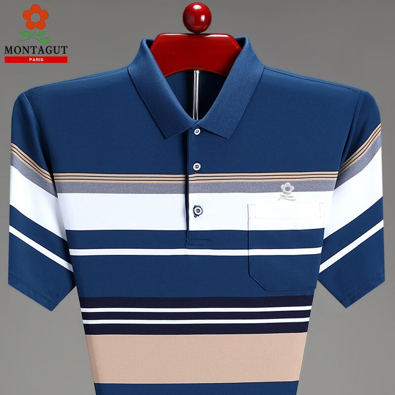 梦特娇（MONTAGUT）中年男士短袖T恤纯棉半袖夏季翻领汗衫条纹宽松休闲polo衫 蓝色 M 165(100-120斤)
