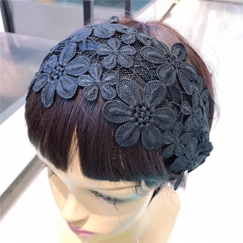 中老年发箍遮白发夏季宽边花朵妈妈太太蕾丝带压夹夹 大花朵银色 最宽处6.5CM