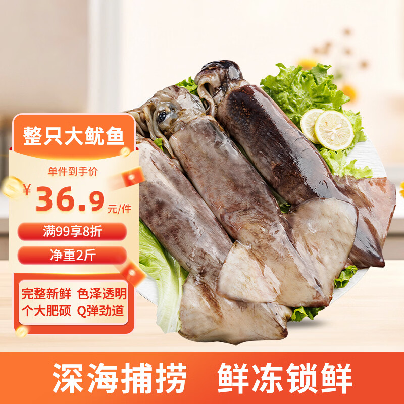 美加佳冷冻整只大鱿鱼净重2斤（2-3条）烧烤食材 铁板鱿鱼  年货聚餐