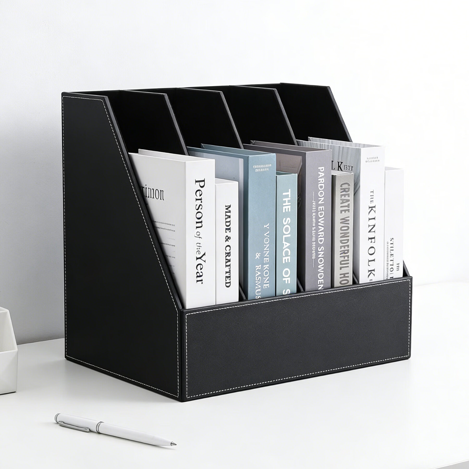 利蓝（LEADLAND）皮革文件架文件筐四联文件框资料夹架档案架立式文件置物架办公室书立办公用品 黑色1445