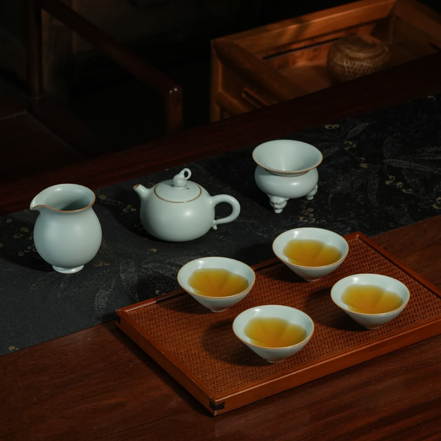 仁慈佑物整套茶具套装 天青色手工汝窑 景德镇产 礼盒装福禄乾坤套装 福禄乾坤茶组7件套 不开片汝窑