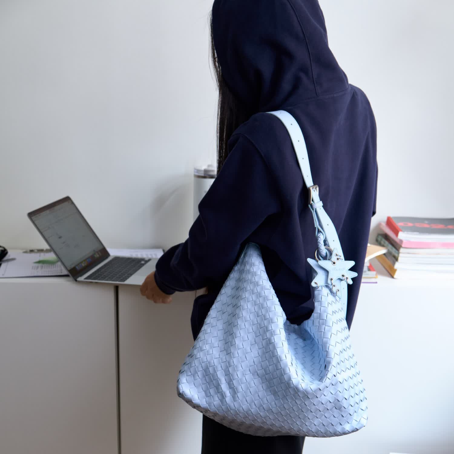 ECODAY女包春夏新品编织包大容量hobo包单肩斜挎通勤托特包女友生日礼物 银色 大号 高端轻奢小众生日礼物