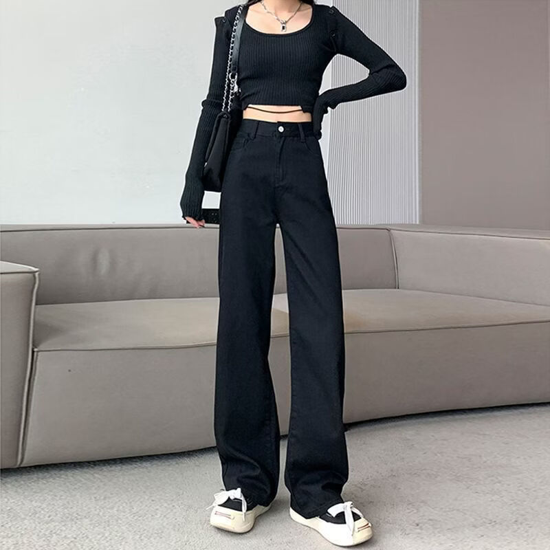 MDODC高腰阔腿牛仔裤女2026春秋款遮跨显瘦显高宽松直筒耐穿垂感拖地裤 黑色 2XL 推荐125-135斤