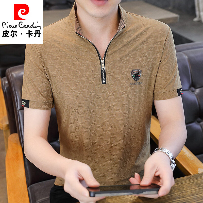 皮尔卡丹（pierre cardin）半拉链立领冰丝短袖t恤男士半高领半袖刺绣秋装休闲烫钻上衣T新品 LD5332卡其 M