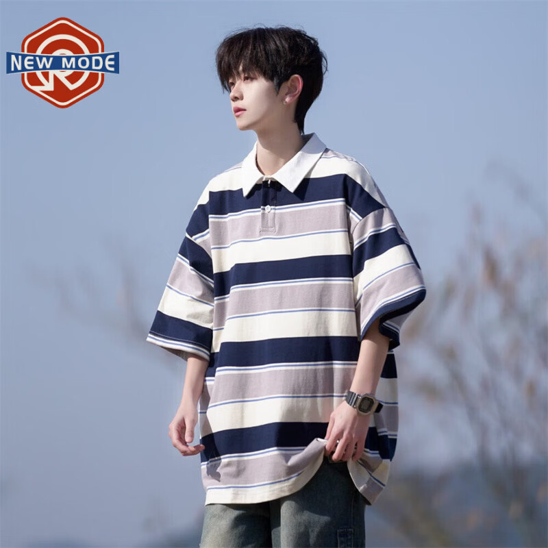 NEW OR MODE条纹短袖polo衫男士夏季宽松休闲半袖体恤上衣服潮牌翻领纯棉t恤 灰色【高品质】 XL 【建议125-145斤】