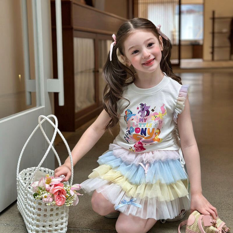 栀了成长记女童装甜美可爱卡通套装2026春季儿童无袖蛋糕裙两件套 白色 上衣 120 cm