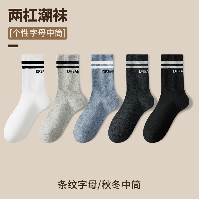 米大爷10双袜子男士春夏季中筒袜吸汗透气运动袜男款双杠潮流四季袜子 双杠潮流中筒男袜 10双 均码