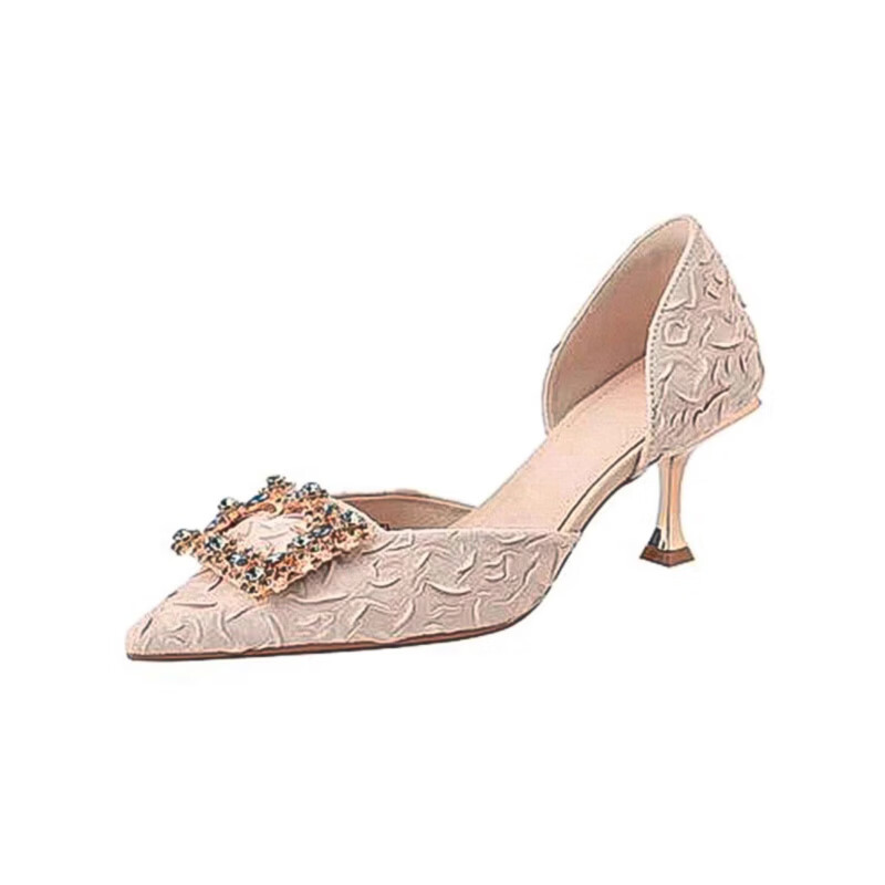 气质百搭高跟鞋女春秋水钻尖头细跟伴娘鞋日常单鞋 杏色 35