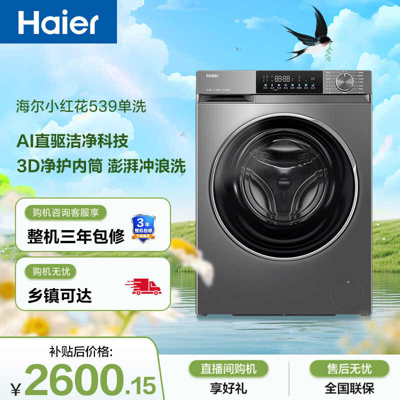 海尔（Haier）小红花 全自动滚筒洗衣机10KG 超薄直驱 冲浪洗 减震降噪 家电京东自营 XQG100-BD539S