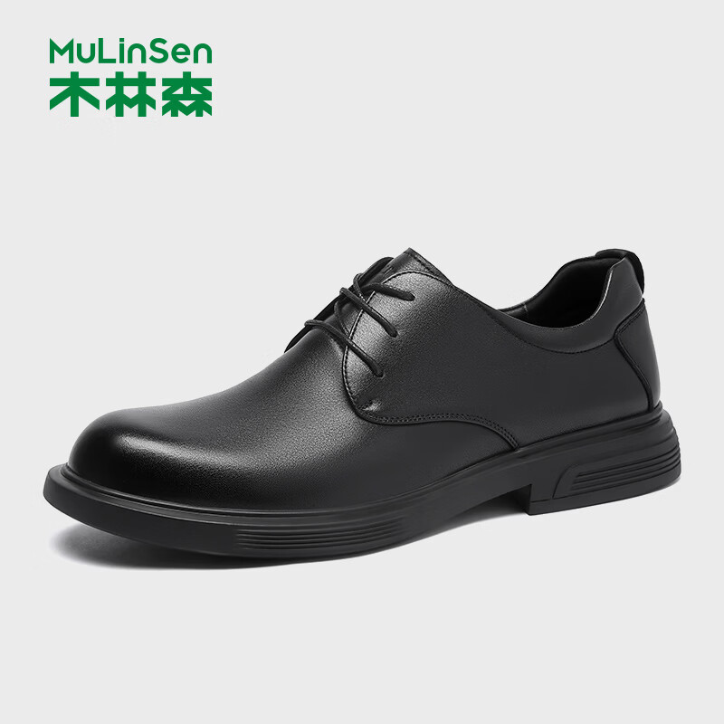 木林森品牌专卖头层牛皮休闲皮鞋男鞋真皮系带软底夏季透气黑色男士皮鞋 黑色 38
