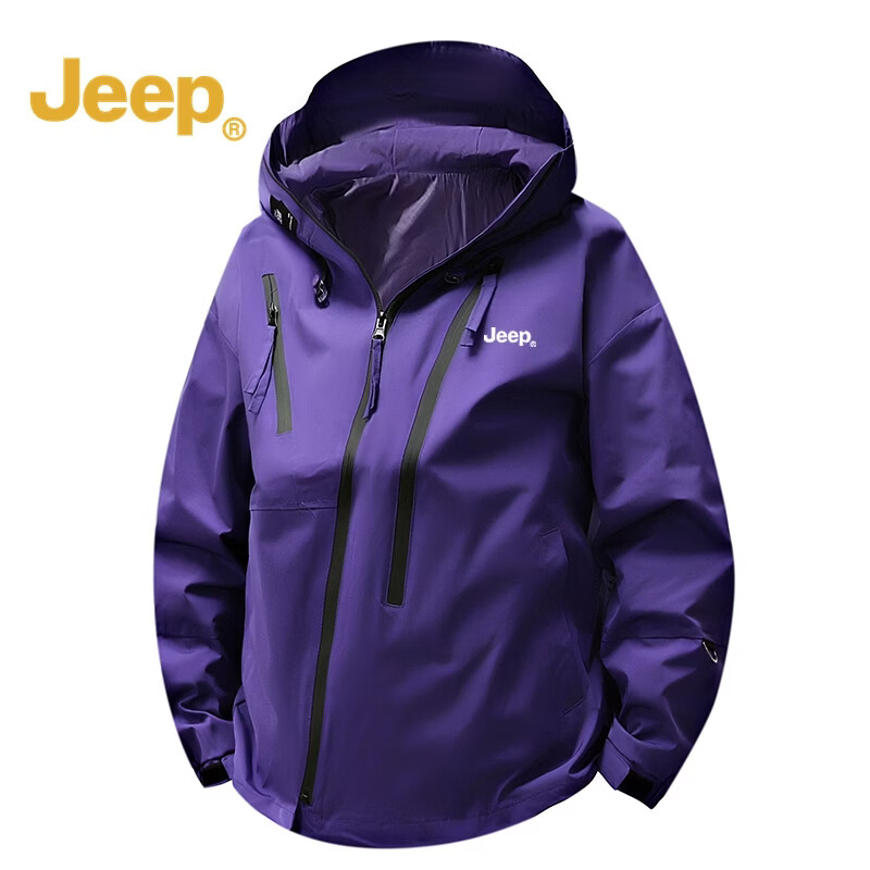 JEEP吉普 冲锋衣男秋冬季山系户外防风防水宽松连帽外套徒步登山服 黑色 M
