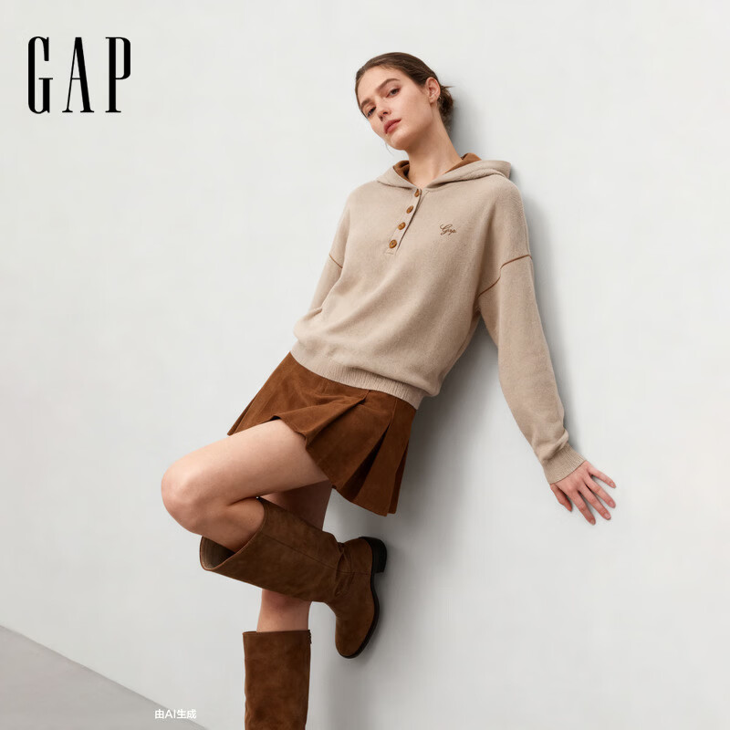 GAP女装春款logo纽扣半开襟宽松连帽针织衫上衣793653 卡其色 S (160/84A)亚洲尺码