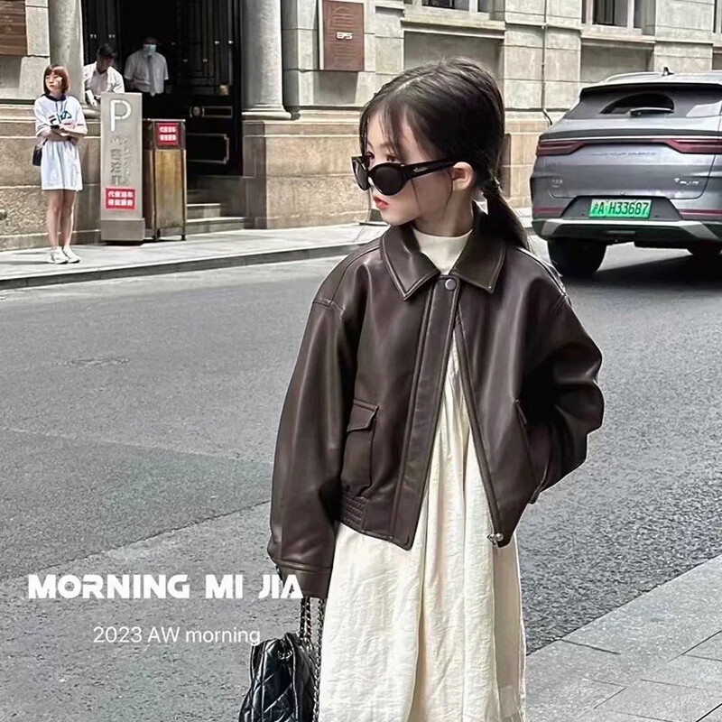 男女童外套2026春秋装复古pu皮衣休闲夹克洋气上衣帅气潮酷冬加绒 咖色皮衣【春秋款】 90 尺码【建议身高80厘米22斤左右】