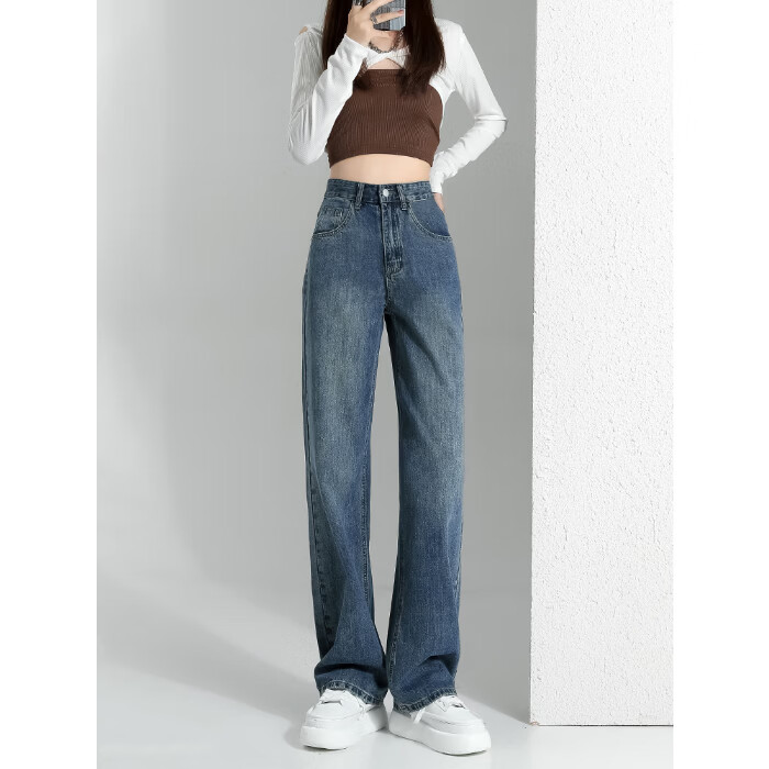 WAMLBN高腰阔腿牛仔裤女2026新款爆款简约宽松显瘦垂感复古直筒拖地裤子 蓝色 L 【尺码选择参考详情页尺寸信息】