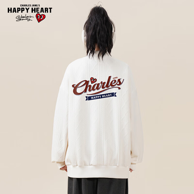 查尔斯桃心 情侣街头嘻哈宽松字母麻花纹理外套秋季男女同款 米白 2XL