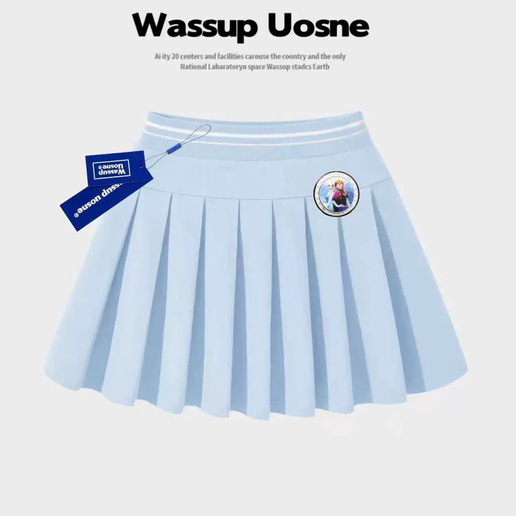 WASSUP联名艾莎公主雪人夏季女童短袖清凉t恤百褶裙可爱圆领套装 晴空蓝百褶裙（艾莎徽章） 160