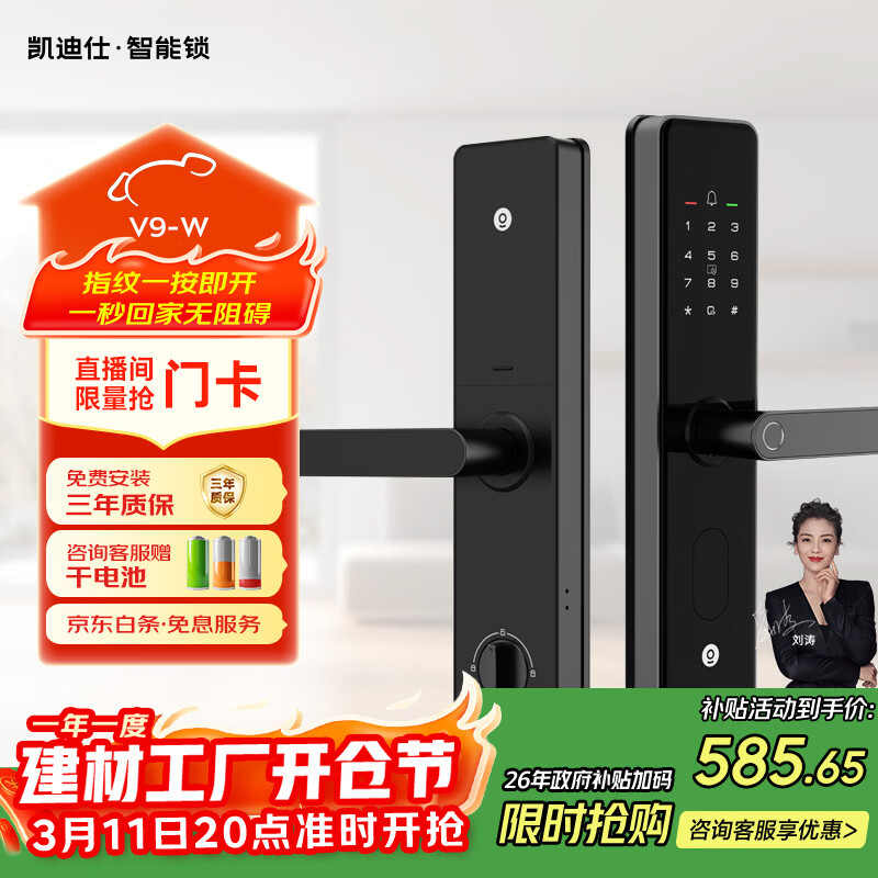 凯迪仕（KAADAS）智能门锁 指纹识别 防盗门锁密码锁 入户门电子智能锁 V9-W