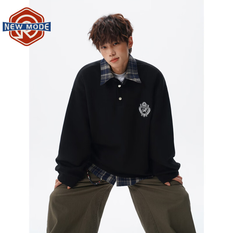 NEW OR MODE美式学院风假两件卫衣男春秋重磅拼接撞色衬衫领上衣休闲运动外套 黑色【高品质】 M 【建议90-110斤】