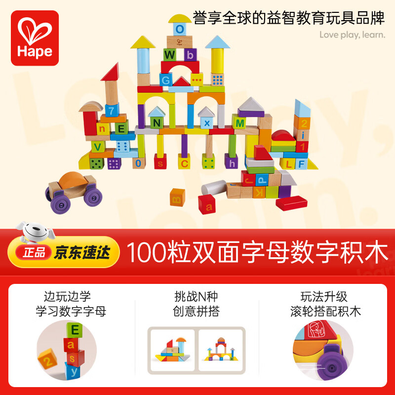 Hape(德国)儿童积木玩具木质100粒双面数字字母桶装宝宝生日礼物E8488