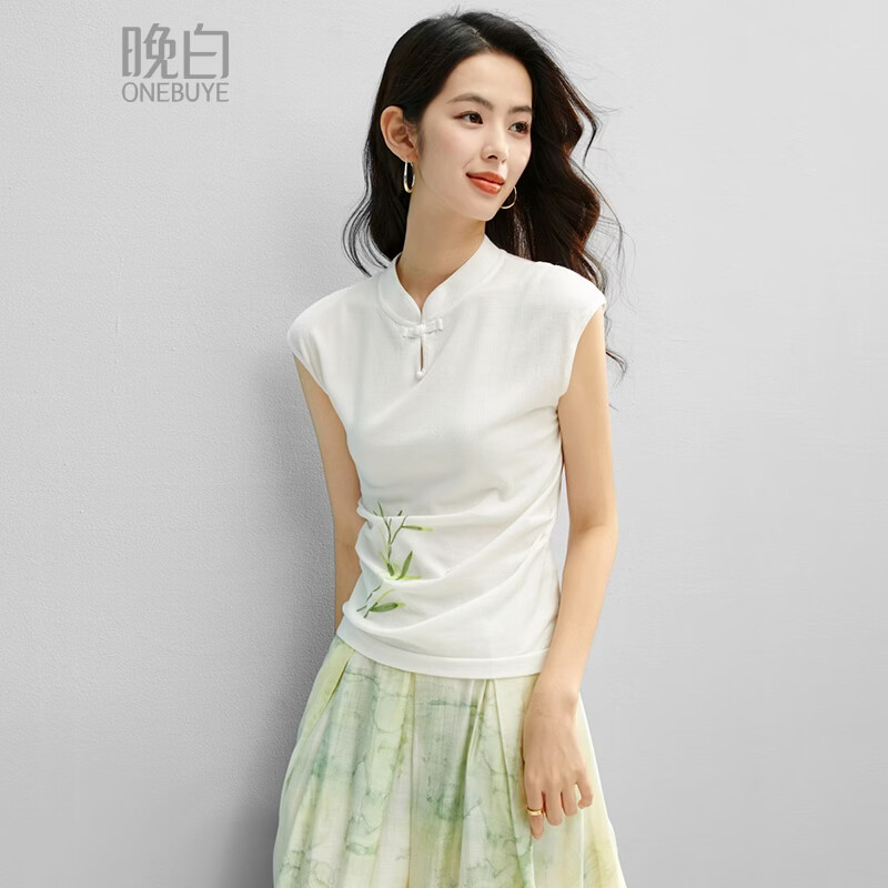 晚白【新品】2026年夏款新中式立领盘扣上衣亲肤莱赛尔无袖针织衫女 米杏色 M