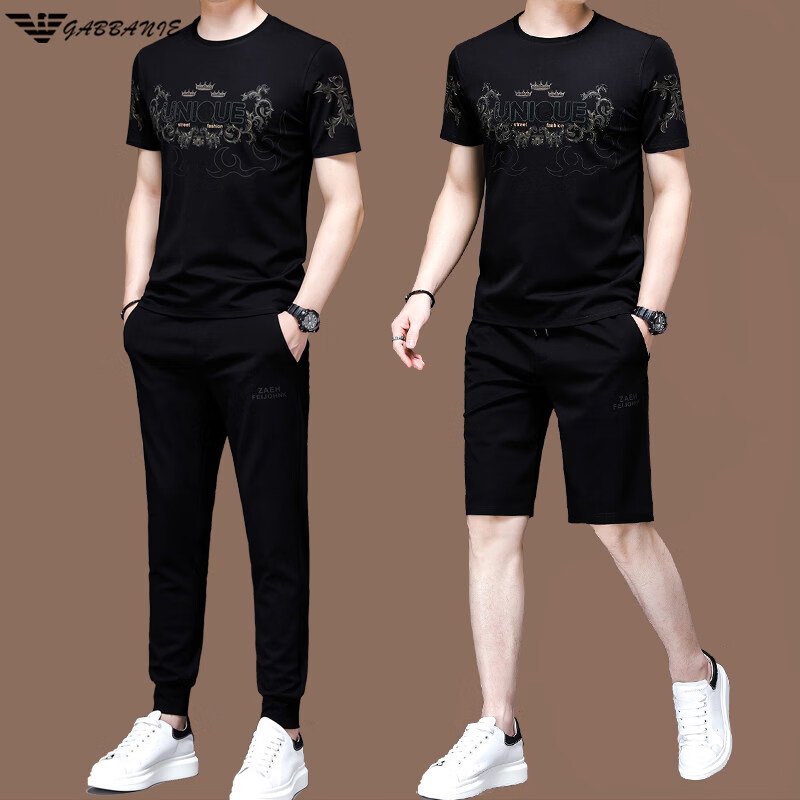 阿玛尼（ARMANI）正品名牌男士休闲运动服套装男夏季桑蚕丝短袖t恤潮男装三件套 国际一线品牌19362黑色短袖+长裤 M 165_【建议90-120斤】