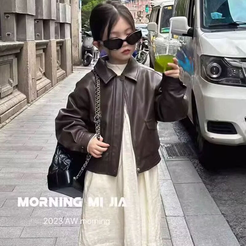 男女童外套2026春秋装复古pu皮衣休闲夹克洋气上衣帅气潮酷冬加绒 咖色皮衣【春秋款】 90 尺码【建议身高80厘米22斤左右】