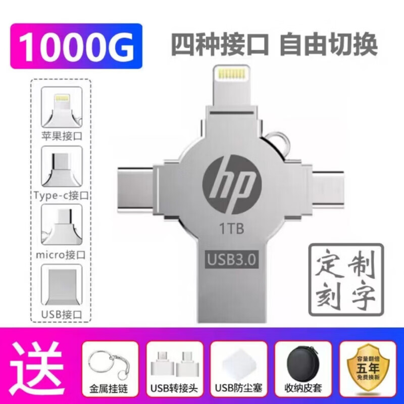 SKIGYB高速U盘2TB苹果typec多接口大容量手机电脑通用高速3.0存储扩容多功能礼品定制 十字四合一银128G[终身质保]
