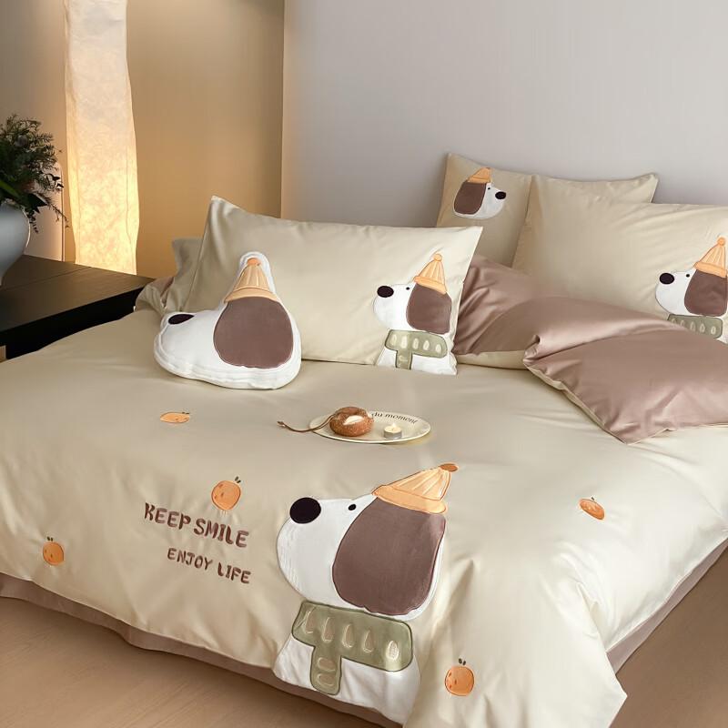 ROLAND LIVE新疆长绒棉100棉四件套卡通贴布绣被套床单儿童卧室全棉三件套 YX 全棉卡通套件-大耳狗卡其 1.2米床 床单款 【被套150*200cm】