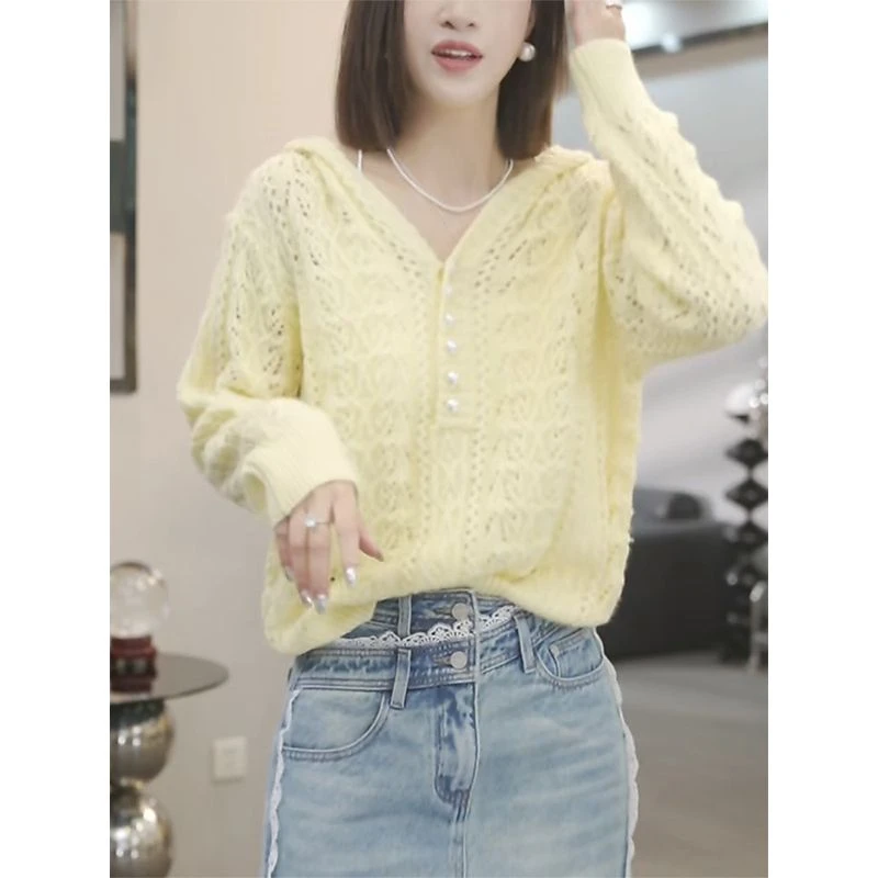 【商场品质】镂空钩花连帽针织衫女春季薄款2026新款法式慵懒 黄色 L 【建议120-140斤】