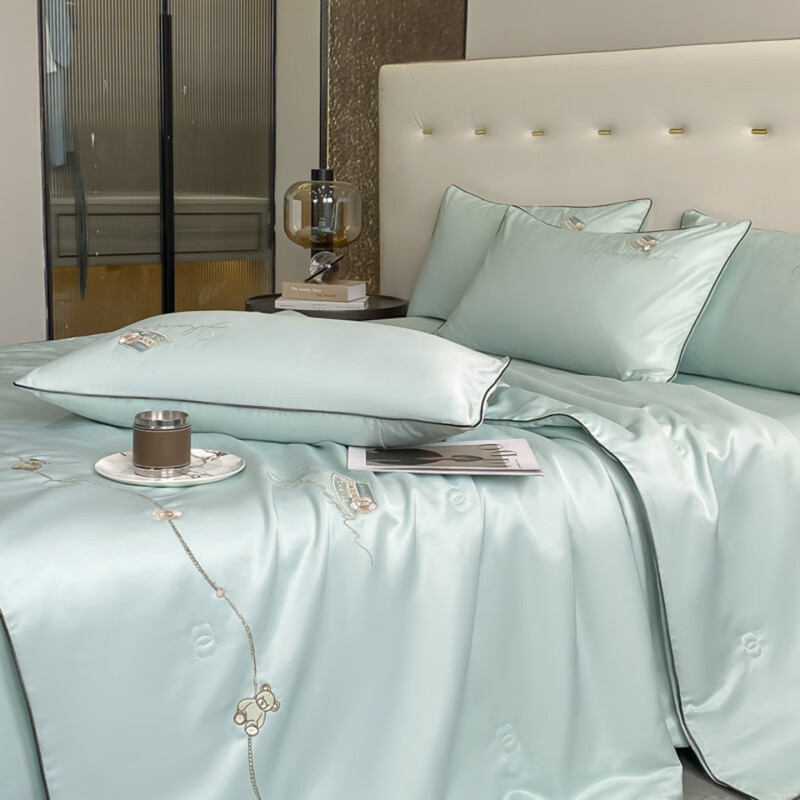 水星家纺夏凉被空调被水洗真丝夏被四件套夏季被子裸睡轻奢床单床笠 公主日记-白茶绿 床单款 夏被200*230cm++2枕套